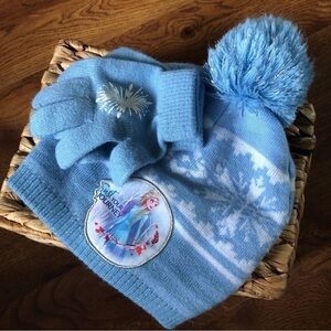 Disney Frozen blue knit beanie hat and gloves